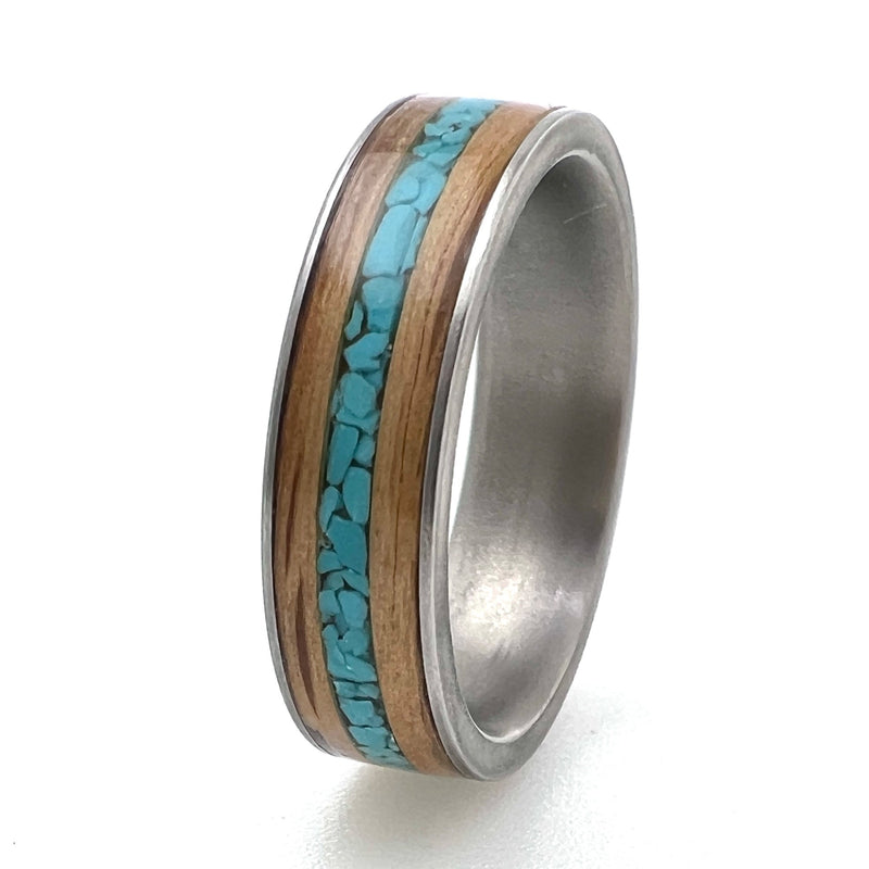Titanium Ring with Whisky Oak & Turquoise - IN STOCK - Size Q