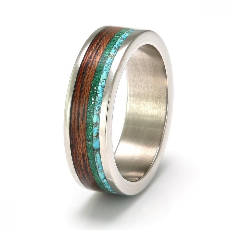 Titanium with Mahogany, Malachite & Turquoise - IN STOCK - Size M by Eco Wood Rings