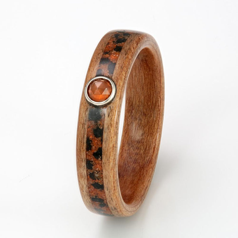 Orange engagement ring | Cherry wood ring with and inlay of sand and rock meeting at a round orange carnelian | Size O 1/2