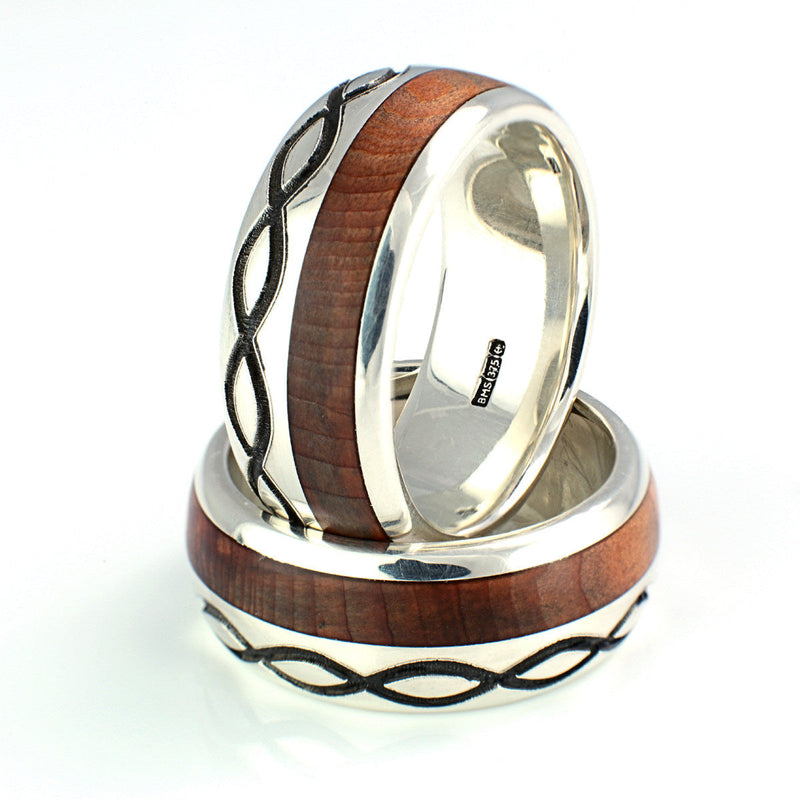 His and her infinity ring set | Rounded edge 9ct white gold rings with yew wood inlays continuous infinity engravings