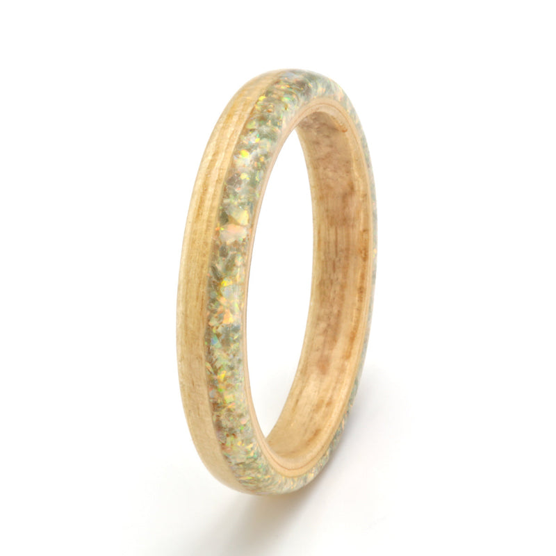 Birthstone ring | Ash bentwood ring with an inlay of mixed aquamarine & opal | 3mm wide | by Eco Wood Rings