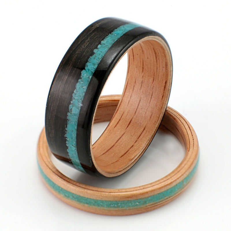 His & hers non traditional wedding ring set | Bogwood ring with oak liner and turquoise inlay | Oak ring with turquoise inlay