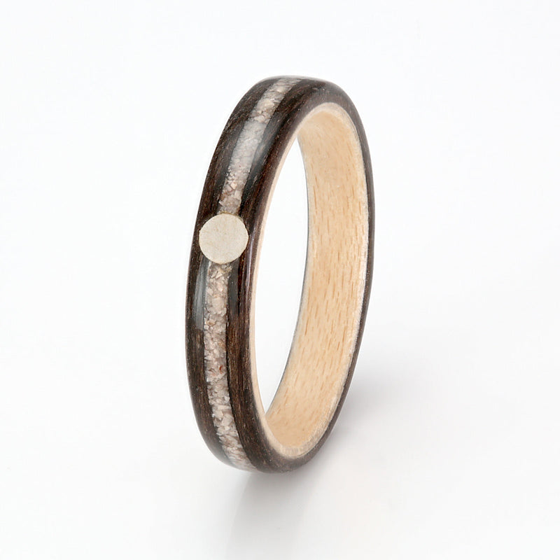 Jane Austen inspired engagement ring | Bogwood ring with a maple liner and inlays of Chatsworth stone and birch bark