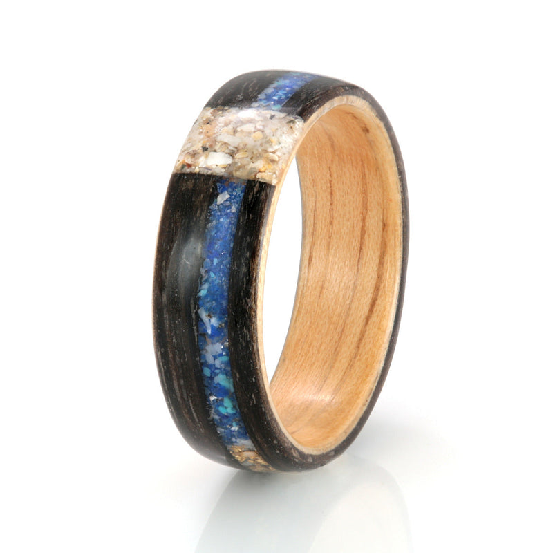 Customised engagement ring with meaning | Bogwood ring with a hornbeam wood liner and mixed inlays | by Eco Wood Rings UK