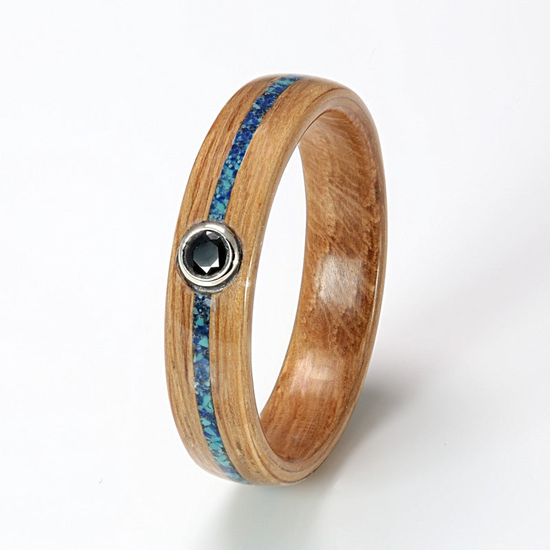 Oak Ring 5mm with Lapis Lazuli, Turquoise & Sapphire by Eco Wood Rings