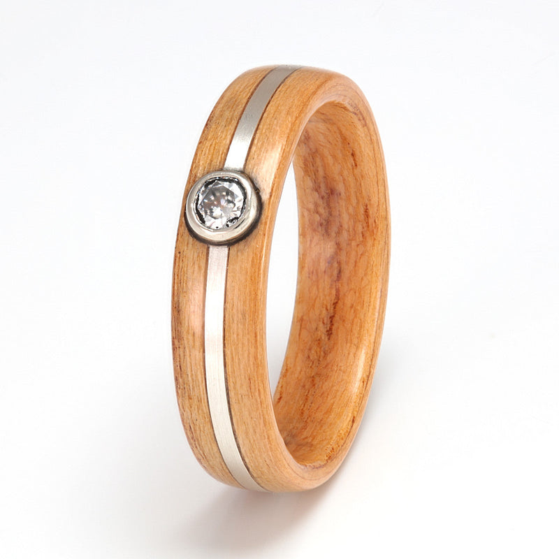 Peach Wood Ring 4mm with Silver & Moissanite by Eco Wood Rings