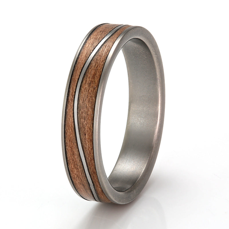 Titanium Ring with Cocobolo & Steel - IN STOCK - Size R 1-2 by Eco Wood Rings