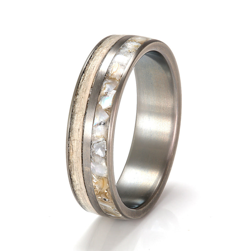 Titanium Ring 6mm Flat Light with Wood Inlay & Mother of Pearl by Eco Wood Rings