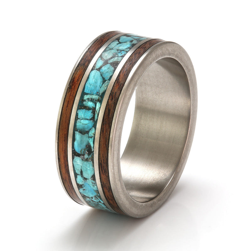 Titanium Ring 8mm Flat with Wood Inlay, Turquoise & Sand by Eco Wood Rings