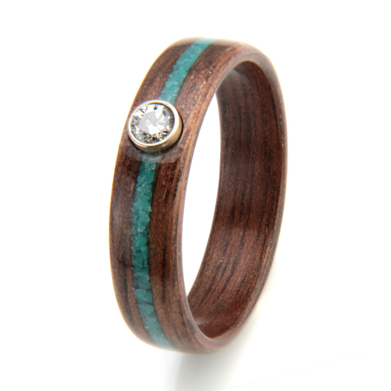 Walnut Ring 5mm with Turquoise & Moissanite by Eco Wood Rings