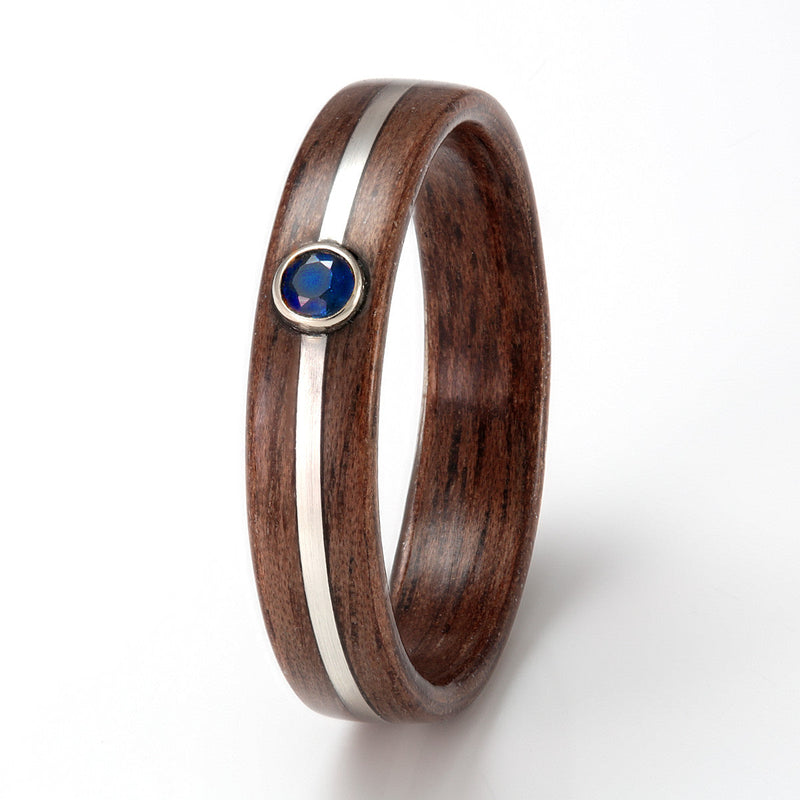 Walnut Ring 5mm with Silver & Sapphire by Eco Wood Rings