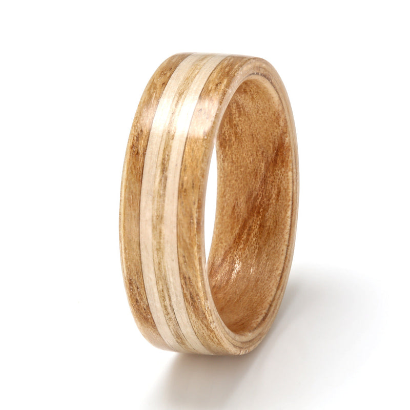 Welsh ash bentwood ring with two parallel inlays, one of oak and the other of willow | 6mm wide | Men&