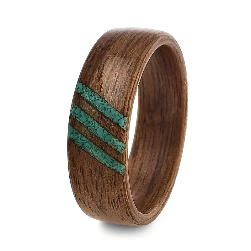 Walnut Ring with Three Diagonal Inlays of Turquoise - IN STOCK - Size W