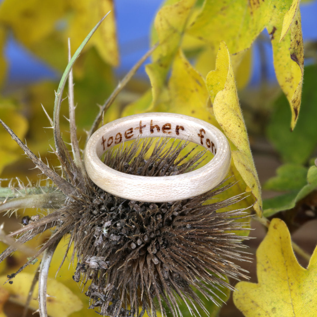 maple wood ring engraved inscription woodburning engagement ring 