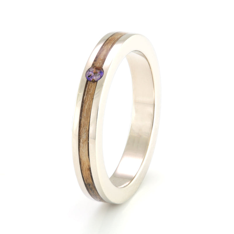 14ct white gold engagement ring, 3mm wide, with inlays of oak, sand, diamond dust & amethyst by Eco Wood Rings