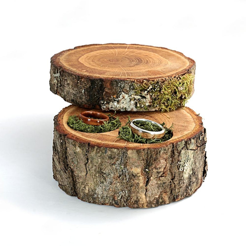 Woodland wedding ring display | Oak branch with swivel lid and two moss lined holes to accommodate two wedding rings