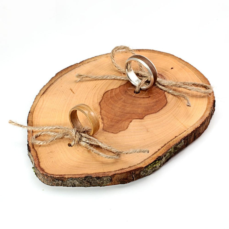 Ring bearer pillow handcrafted from apple wood | Apple wood slice with holes and natural string to secure two wedding rings