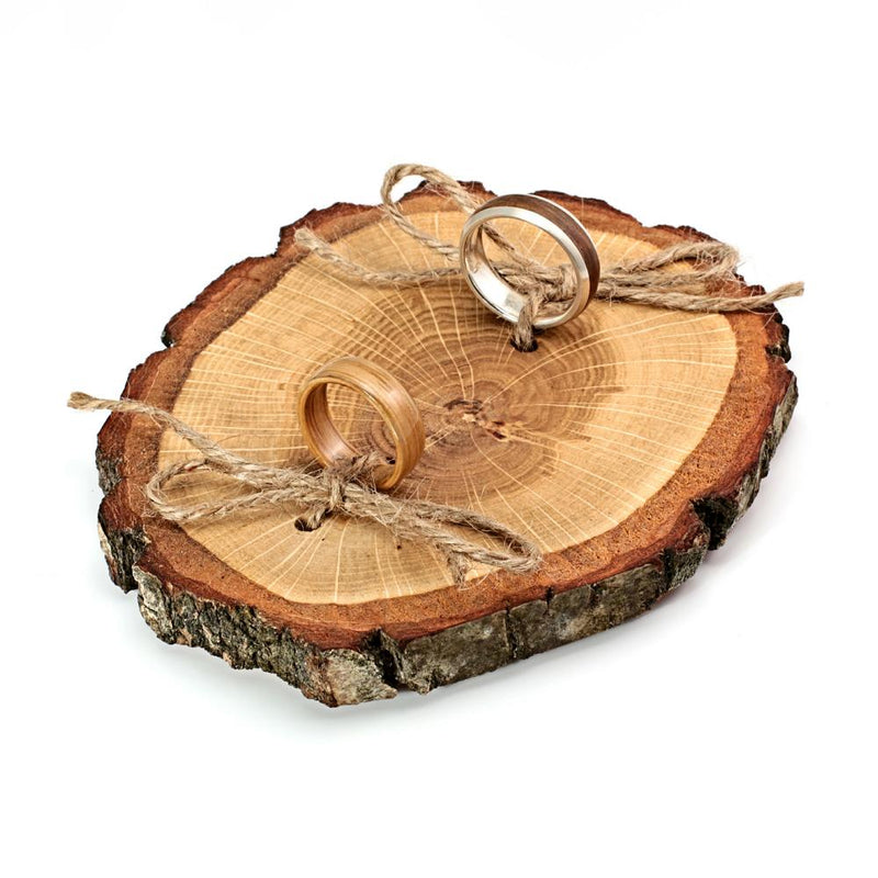 Ring bearer pillow hand crafted from oak | Slice of oak with holes and natural string to secure two wedding rings
