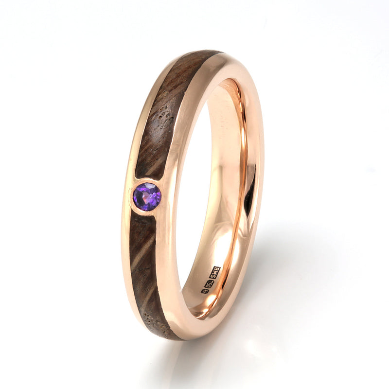 18ct rose gold rounded edge engagement ring, 4mm wide, with an oak inlay meeting at a round amethyst - by Eco Wood Rings
