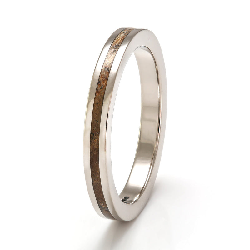 18ct white gold flat edge wedding ring, 3mm wide, with inlay of Welsh ash wood - by Eco Wood Rings