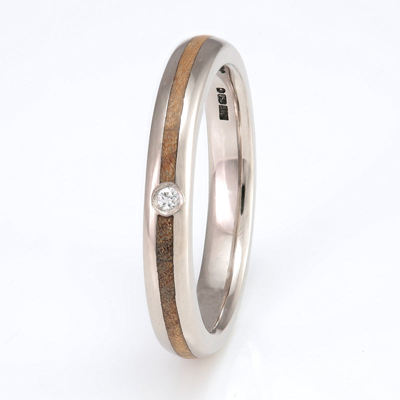18ct white gold engagement ring with an olive wood inlay meeting at an ethical diamond - by Eco Wood Rings