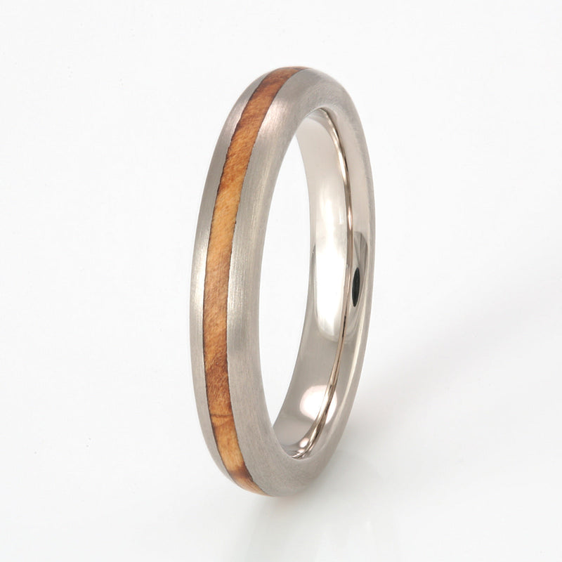 18ct white gold 3mm wide rounded edge wedding ring with an inlay of yew wood - by Eco Wood Rings