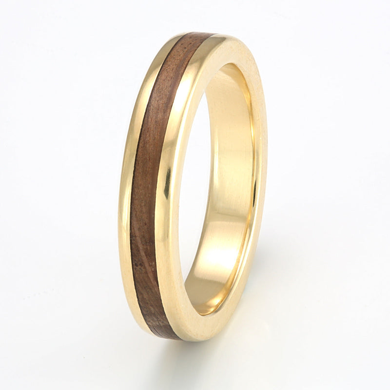 18ct yellow gold flat edge wedding ring, 4mm wide, with a centred inlay of oak - by Eco Wood Rings
