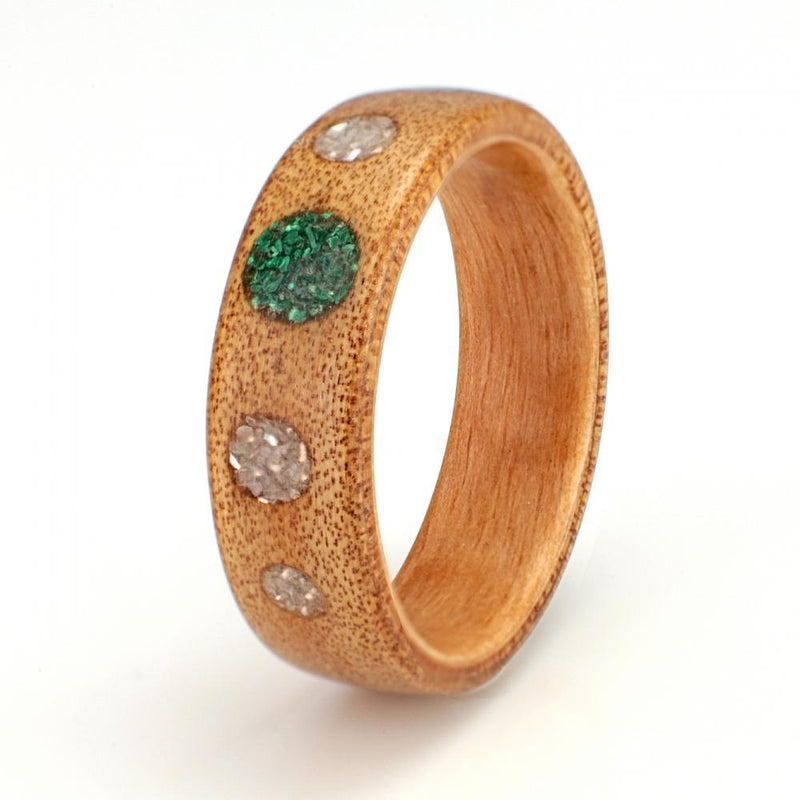 Engagement ring with a difference | Kauri with malachite, mother of pearl and opal | by Eco Wood Rings UK