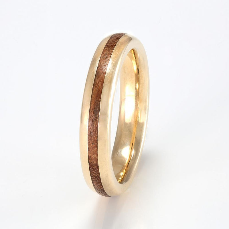 Wedding ring for him and her | Rounded edge 9ct yellow gold ring with centred inlay of walnut | 4mm wide | by Eco Wood Rings
