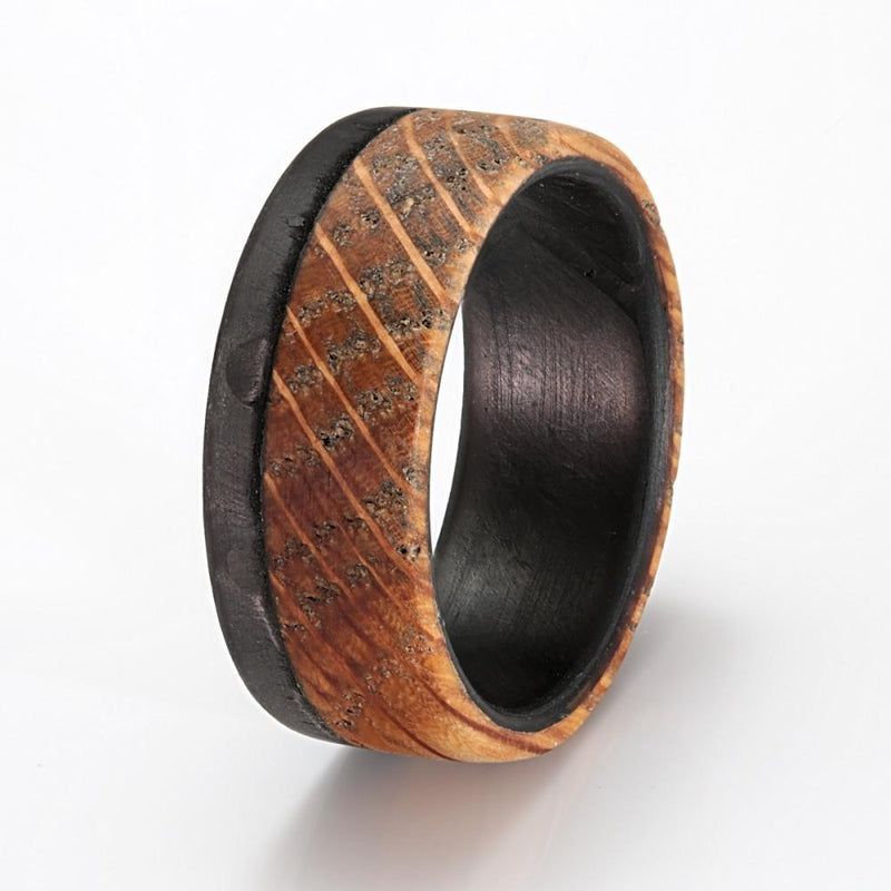 Wide wedding bands for women | Carbon fibre ring with off centre whisky barrel oak inlay | Size K 1/2 | by Eco Wood Rings UK