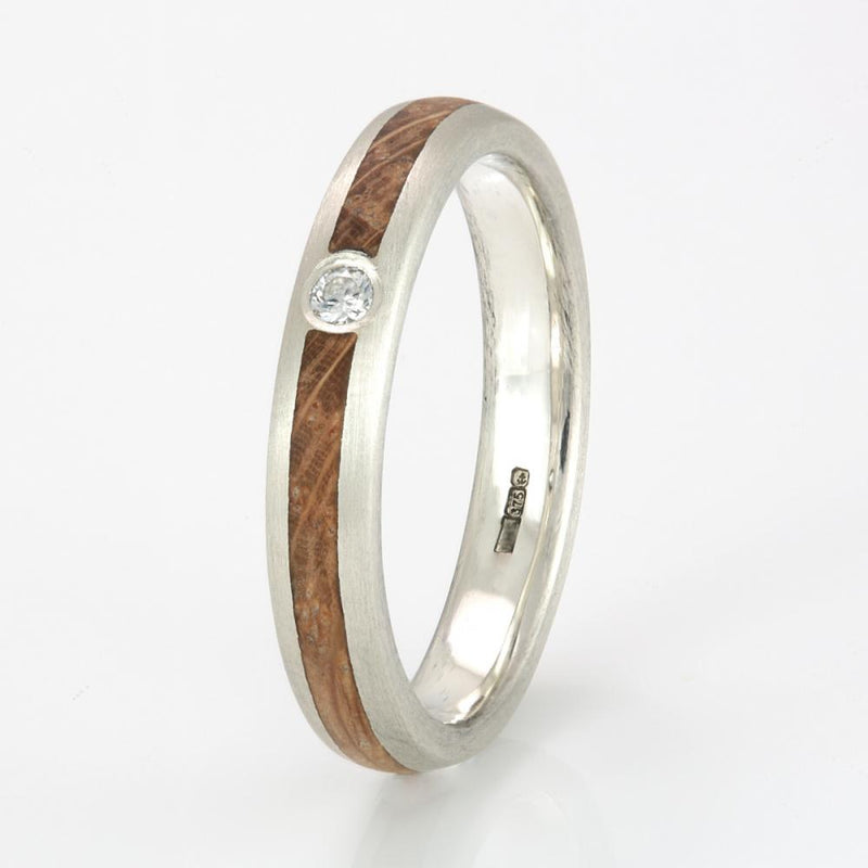 Ethical engagement ring | Recycled 9ct white gold ring with an inlay of reclaimed oak and an ethical diamond | 4mm wide