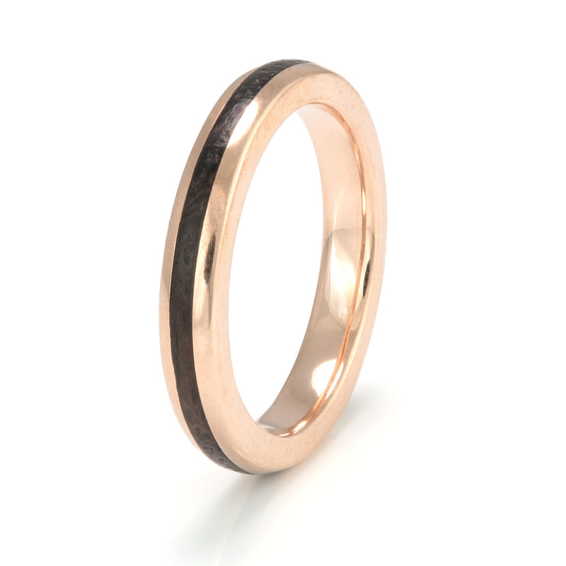 Rounded edge 9ct rose gold wedding ring with a centred inlay of Indian rosewood | 3mm wide | by Eco Wood Rings