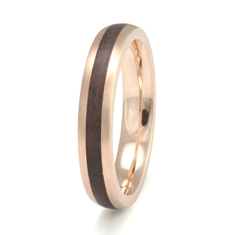 Rounded edge 9ct rose gold wedding ring with a centred inlay of rosewood | 4mm wide | by Eco Wood Rings