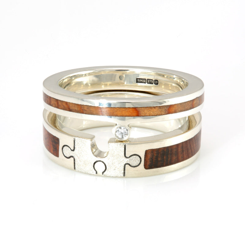 Puzzle ring set | 9ct white gold, yew wood and diamond jigsaw ring set | by Eco Wood Rings UK | Bespoke wedding ring designs
