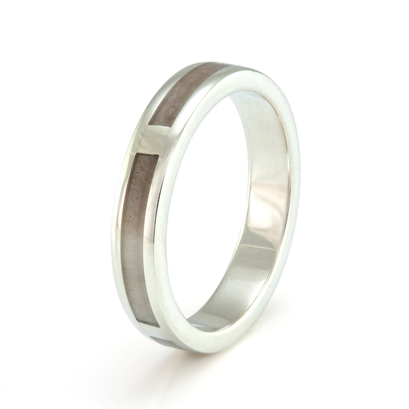 Bespoke wedding ring design | 9ct white gold ring with a centred inlay of antler | 4mm wide | Flat edges | by Eco Wood Rings