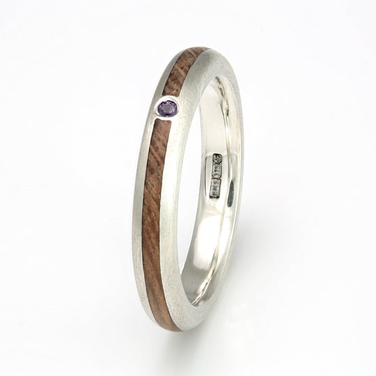 9ct White Gold Ring 3mm Rounded with Wood Inlay & Amethyst