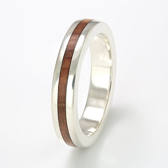 9ct White Gold Ring 4mm Flat with Wood Inlay