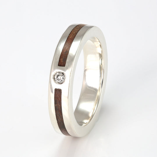 9ct White Gold Ring 4mm Flat with Wood Inlay & Diamond