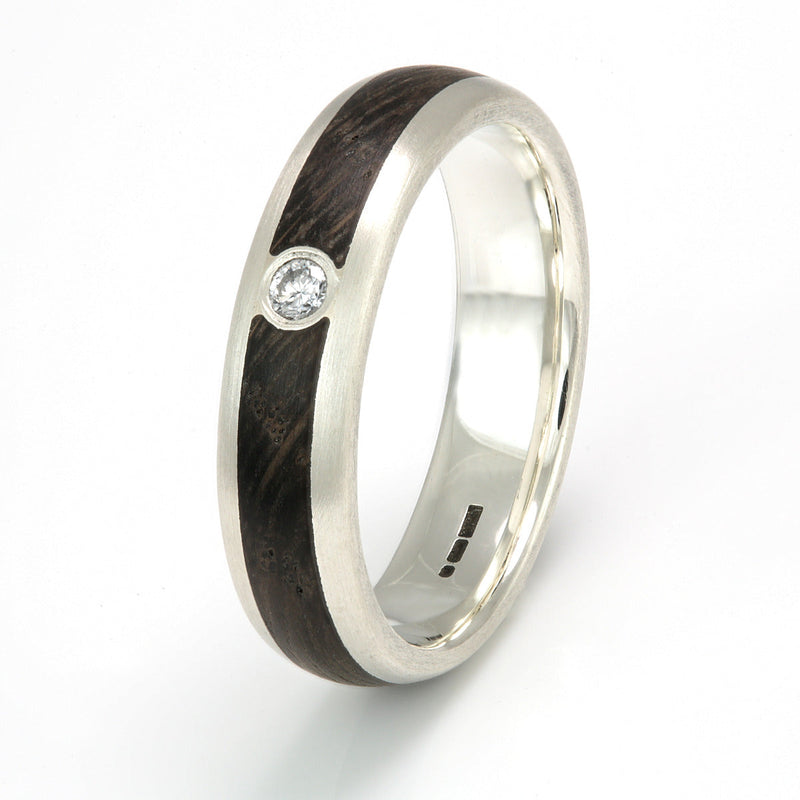 Non traditional engagement ring | 5mm wide 9ct white gold ring with wood inlay meeting at an ethical diamond | rounded edges