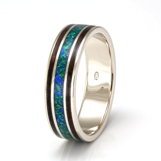9ct White Gold Ring 6mm Flat Light with Wood Inlay & Minerals