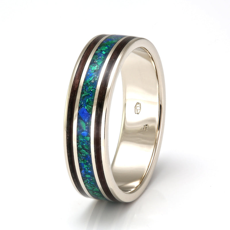Alternative wedding ring | 9ct white gold with a centred inlay of malachite and turquoise, flanked by inlays of wood