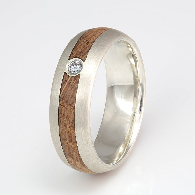 Non traditional diamond engagement ring | 9ct white gold ring with a centred inlay of oak meeting at an ethical diamond | UK