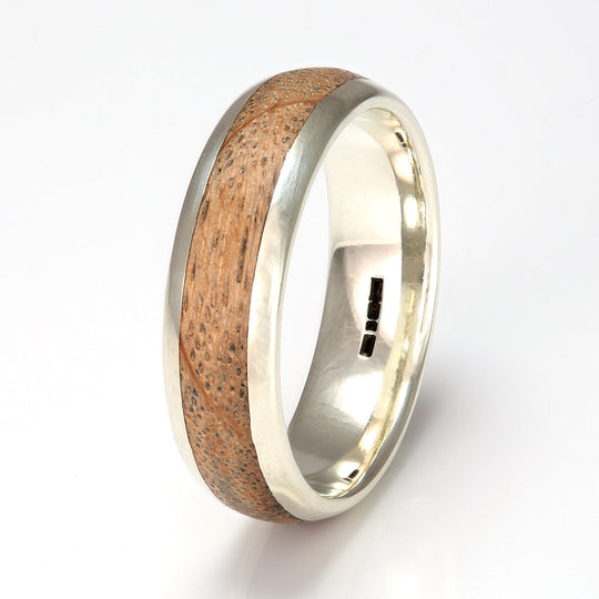 9ct White Gold Ring 7mm Rounded with Wood Inlay