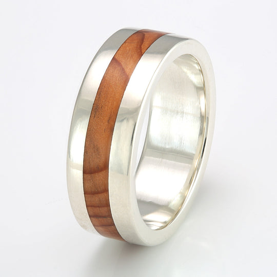 9ct White Gold Ring 8mm Flat with Wood Inlay