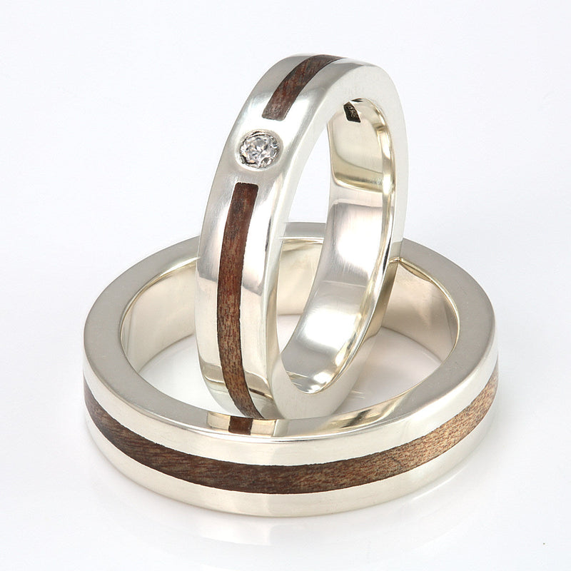Matching his & hers wedding ring set | Flat edge 9ct white gold rings with inlays of kauri, plus a moissanite in her ring too