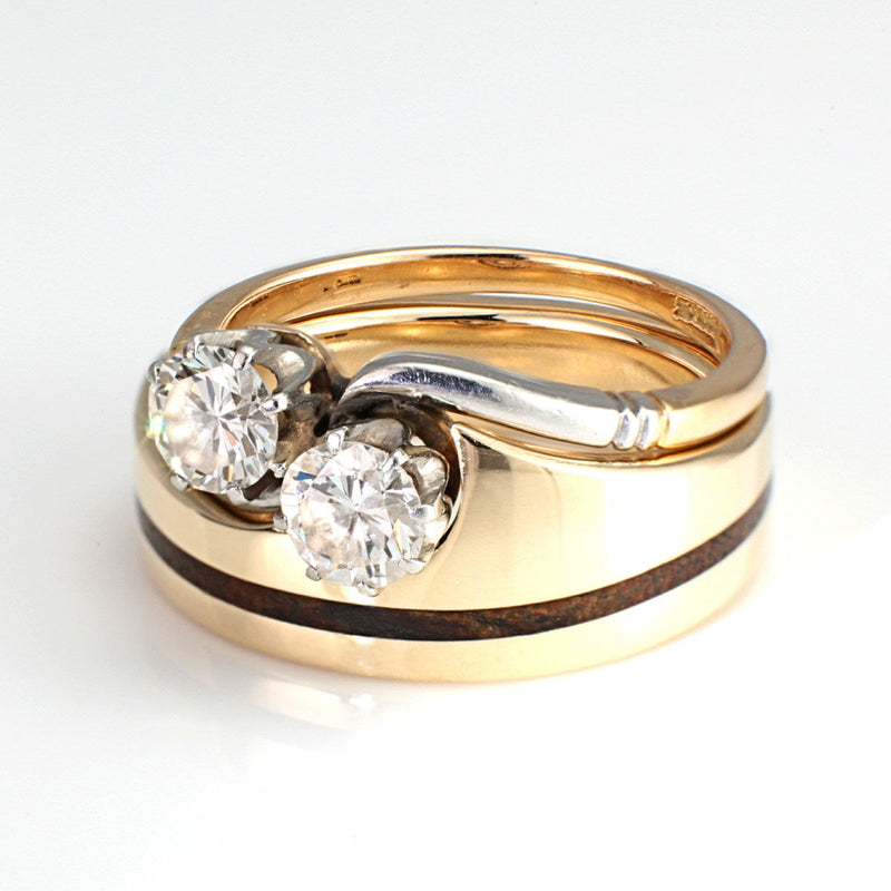 Wedding ring shaped to fit existing engagement ring | Polished 9ct yellow gold with rosewood inlay | by Eco Wood Rings