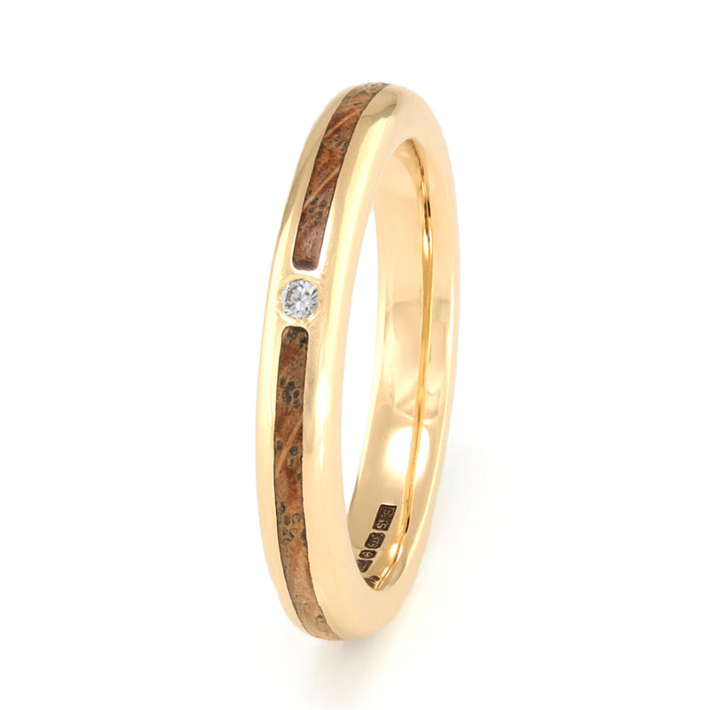 Non traditional engagement ring | Rounded edge 9ct yellow gold ring with a centred inlay of oak meeting at an ethical diamond