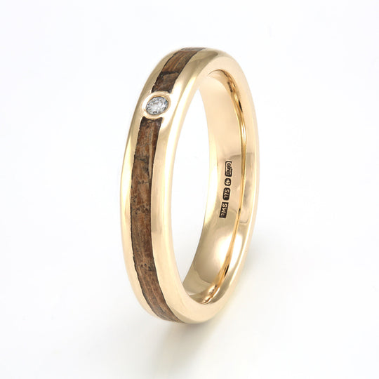 9ct Yellow Gold Ring 4mm Rounded with Wood Inlay & Diamond