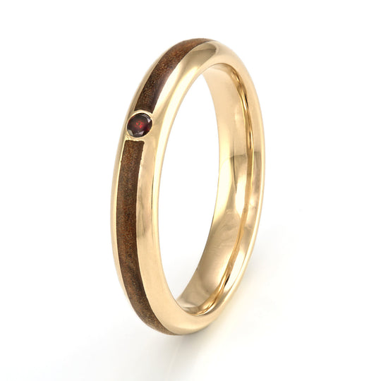 9ct Yellow Gold Ring 4mm Rounded with Wood Inlay & Garnet