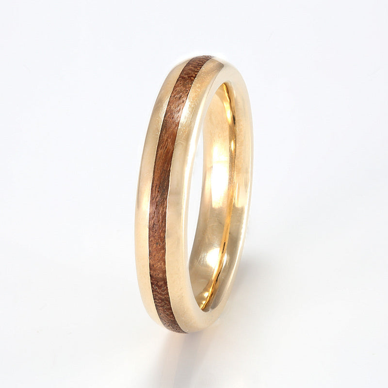 Polished 9ct yellow gold wedding ring with a centred wood inlay | 4mm wide | Rounded edge | His & hers wedding bands